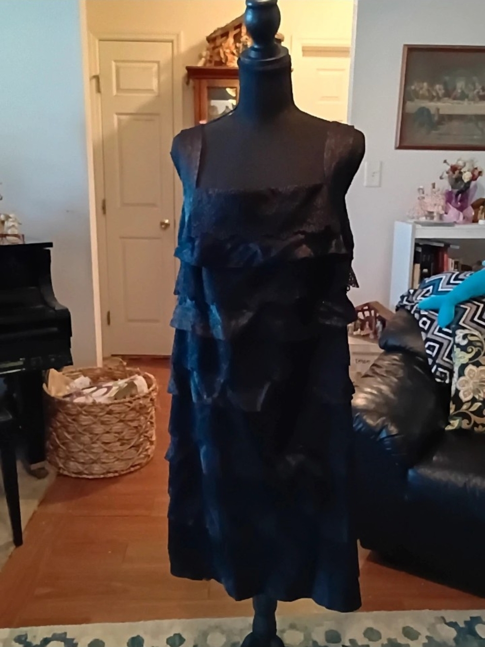 London Times Black Ruffle Tier Midi Dress